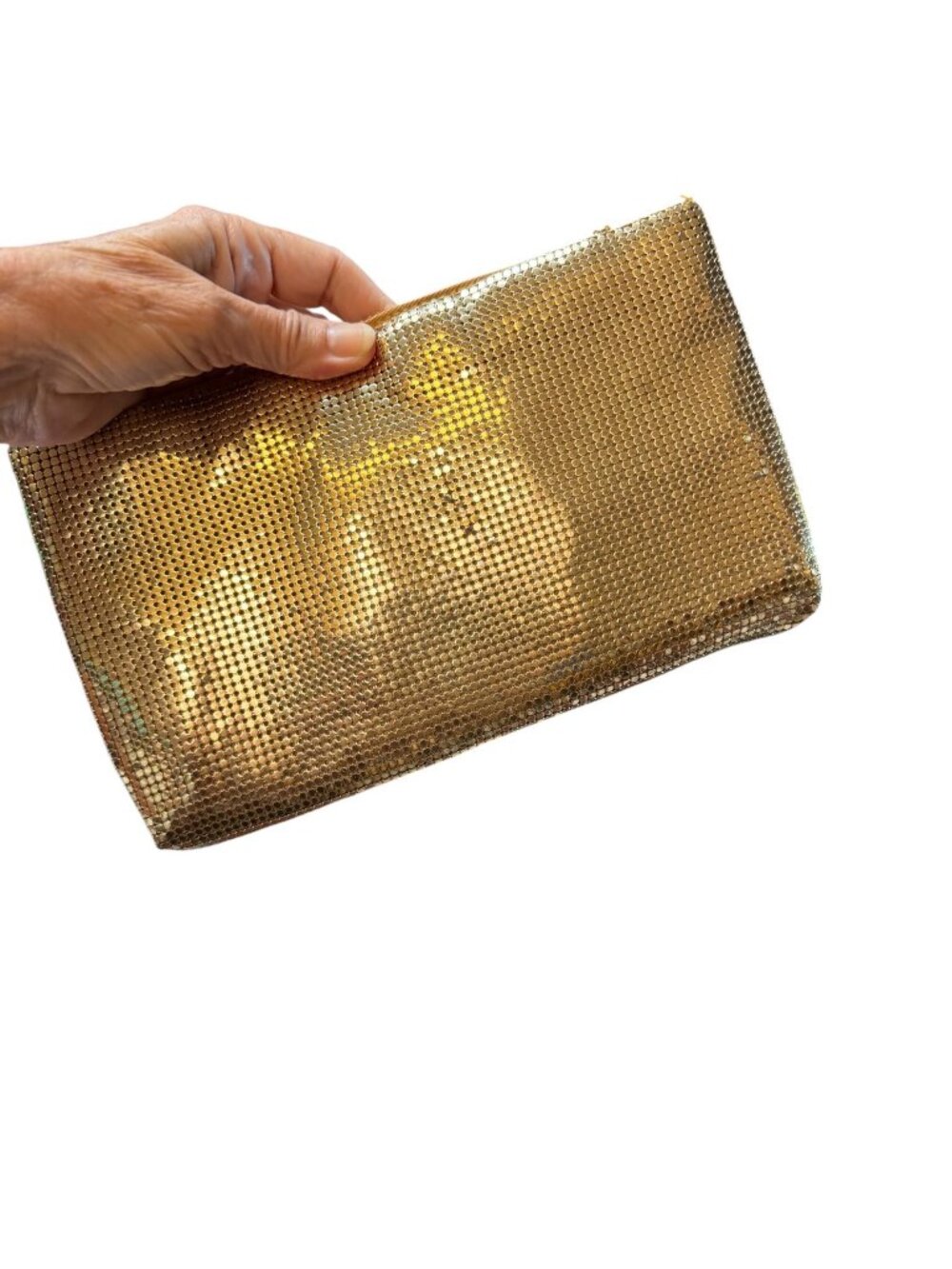 1980s Whiting and Davis gold mesh clutch purse